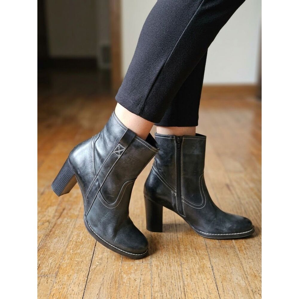 Vintage Spain Black Leather Heeled Ankle Boots Contrast Stitch EU 38 US 7.5-8